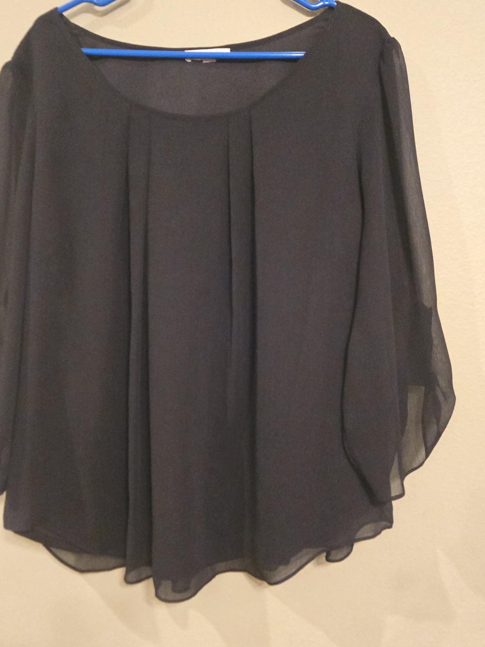 Roz & Ali Black Sheer Overlay Pleated Flowing Top Size 3X